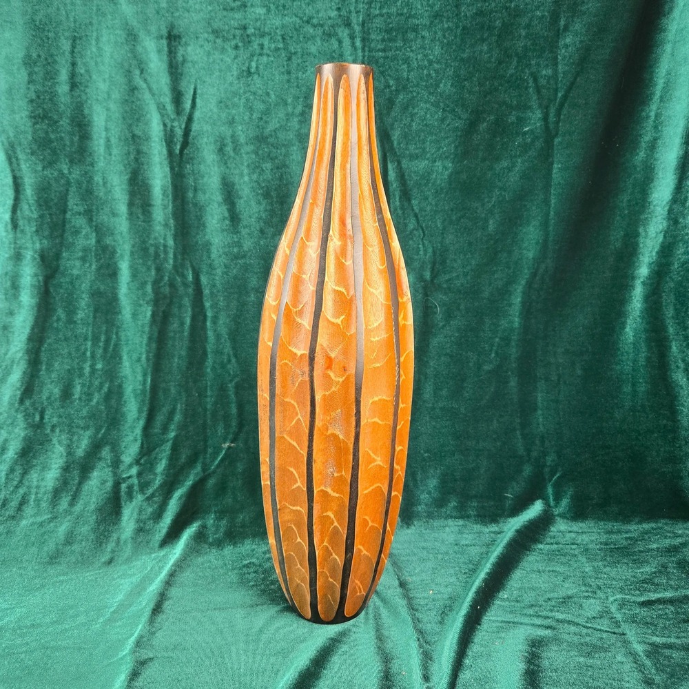 Mango Wood Hand Carved Tall Bottleneck Vase 18" Striped Home‎ Decor